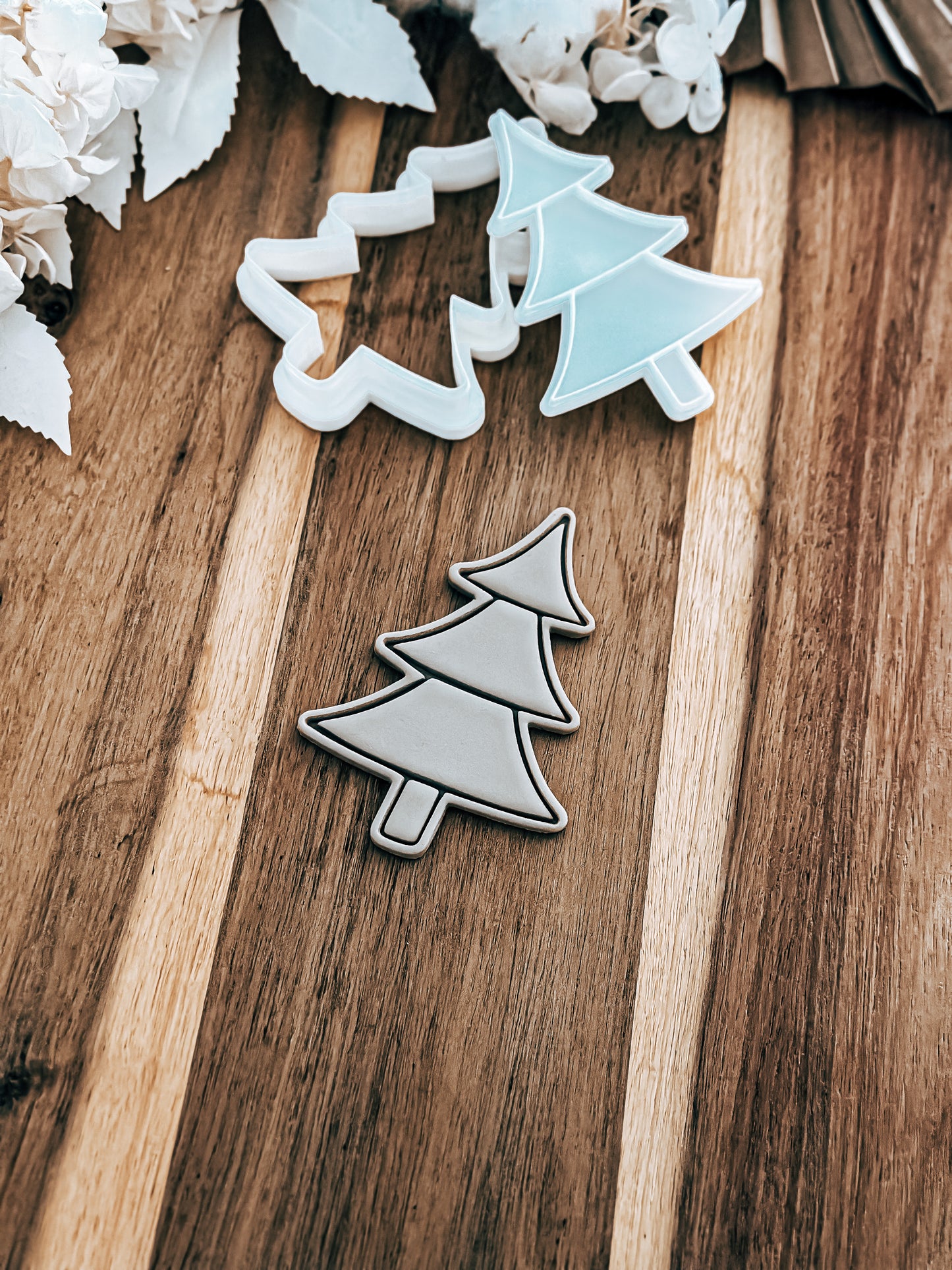 Christmas Tree (Stacked) cookie stamp and cutter by O'Khach, shown stamped in fondant