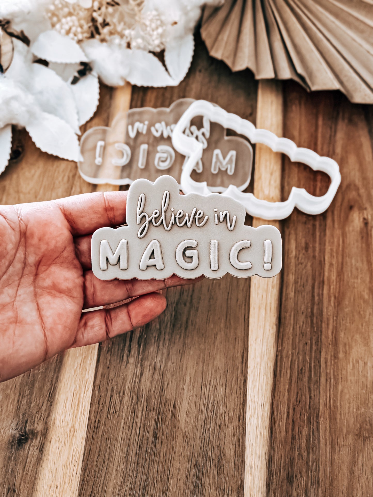 Believe In Magic 'UP' cookie stamp and cutter by O'Khach, shown stamped in fondant
