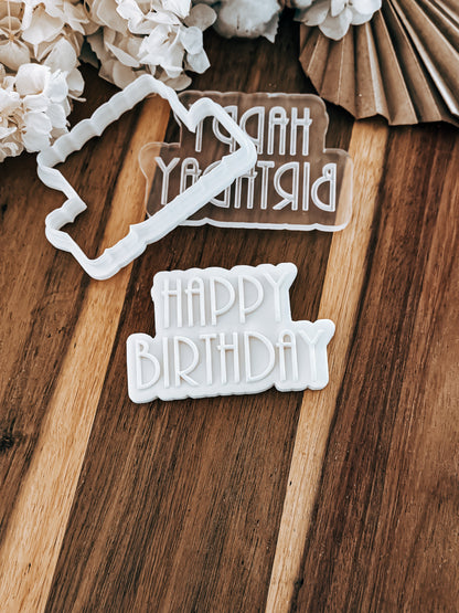 Happy Birthday (Retro) - Cookie Stamp and Cutter - Fondant & Sugar Cookies