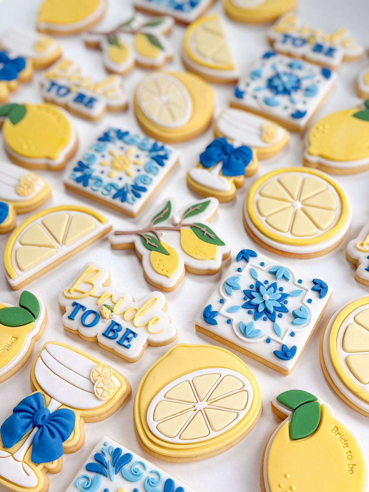 Bride to be lemon and blue tile fondant cookies